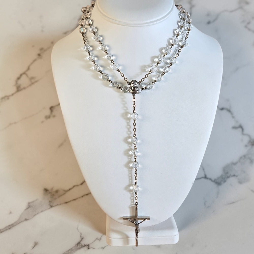 Italy Czech Clear Faceted Beaded Cross Rosary‎ Necklace Long Vintage Mother 42"